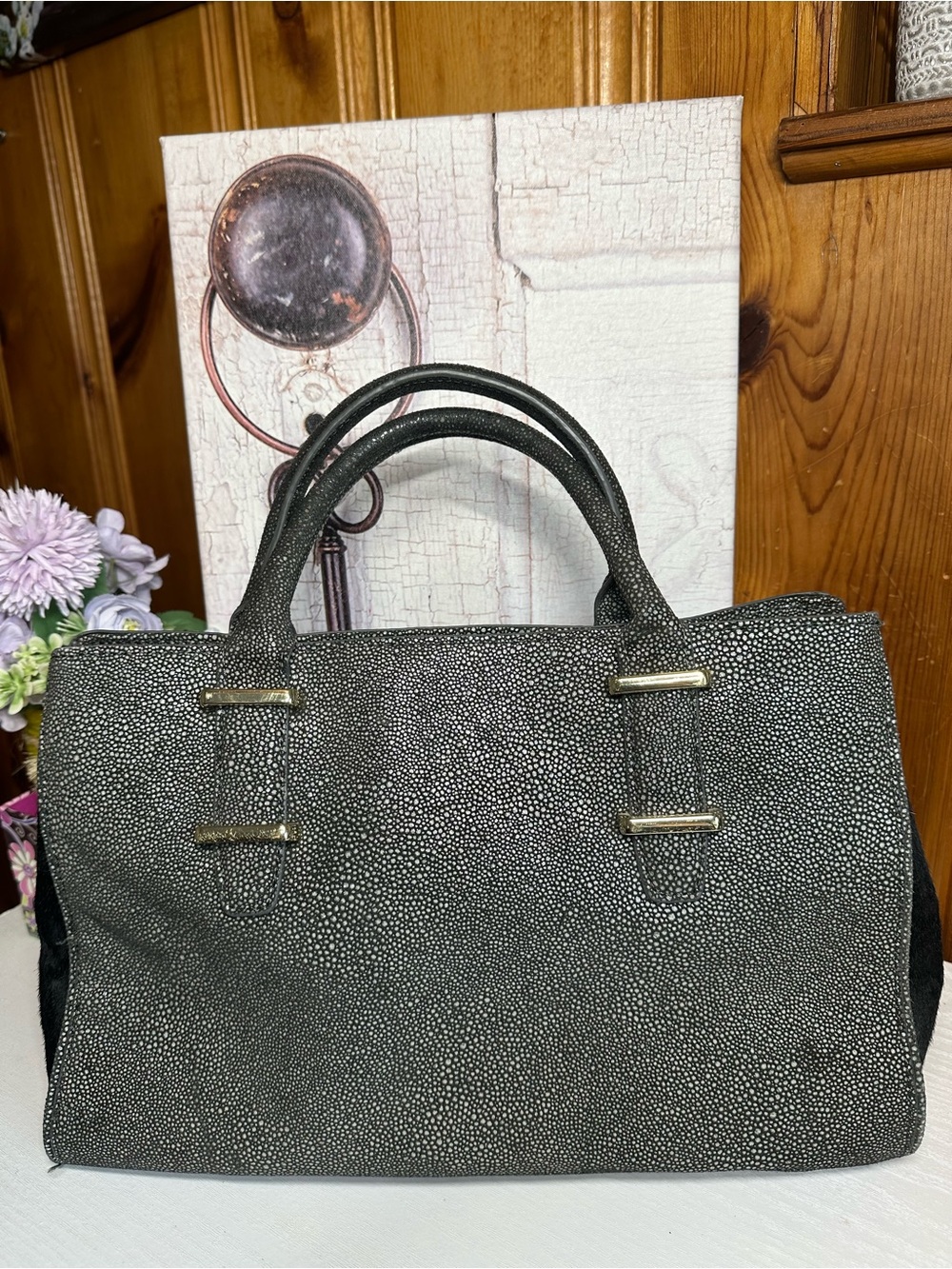 Ivanka Trump Metallic Gray Textured Tote with Tassel - Picture 14 of 16